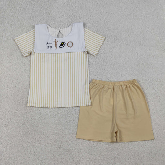 Baby Boys Kids Short Sleeves Embroidery Cross Stripes Shirt Shorts Easter Set RTS