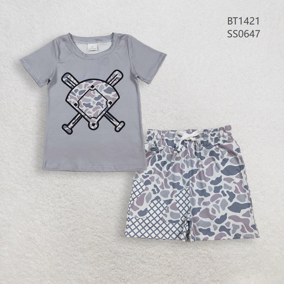Baby Boys Kids Grey Short Sleeves Baseball Shirt Camo Plaid Pockets Shorts Summer Clothes Set RTS