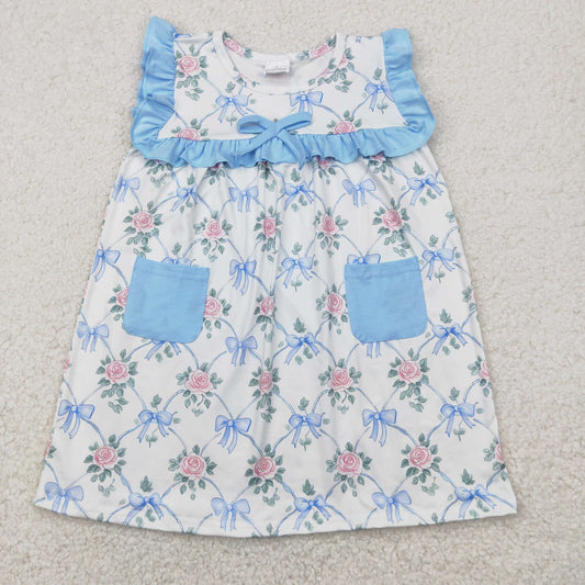 Baby Girl Sleeveless Bows Flower Blue Pockets Knee Length Dress RTS