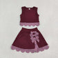 Baby Girls Kids Dark Red Vest Plaid Bows Scallop Bows Skirt Shorts Yoga Active Set Clothes RTS