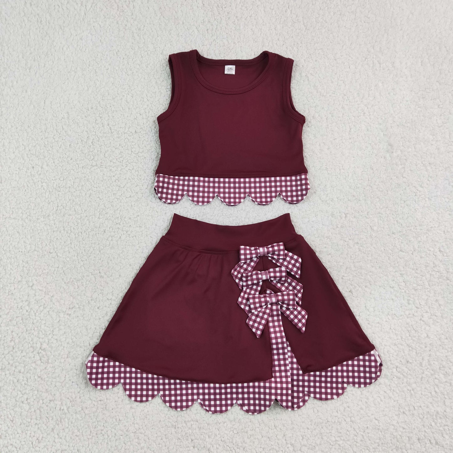 Baby Girls Kids Dark Red Vest Plaid Bows Scallop Bows Skirt Shorts Yoga Active Set Clothes RTS