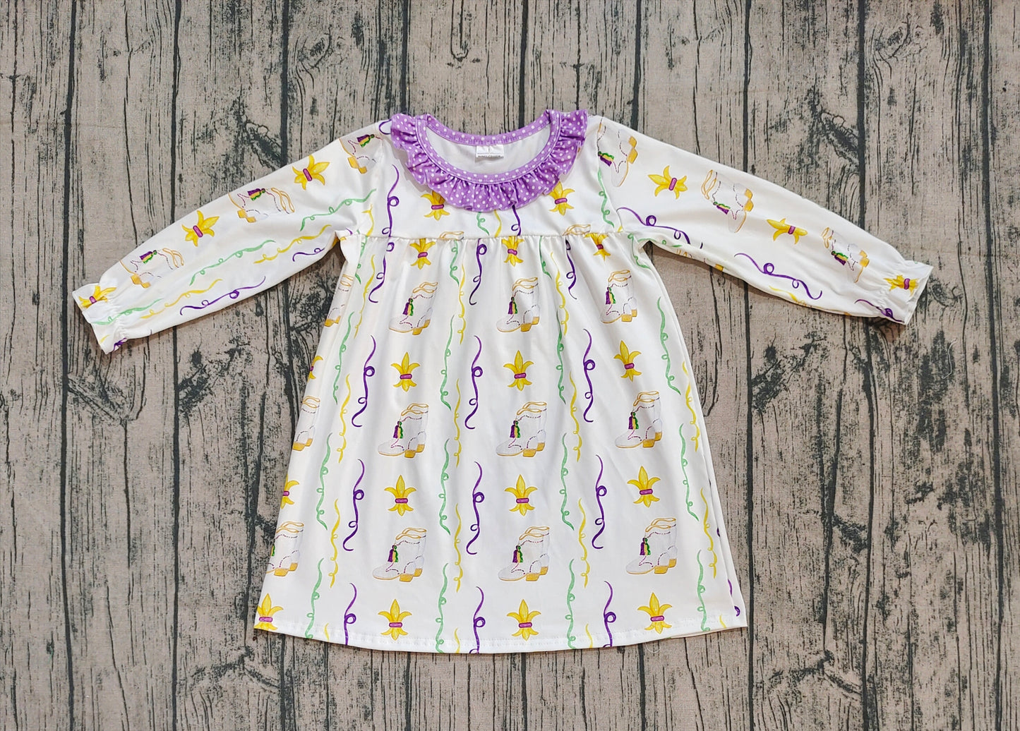 ( No moq ) Preorder Baby Girl Mardi Gras Purple Ruffle Knee Length Dress