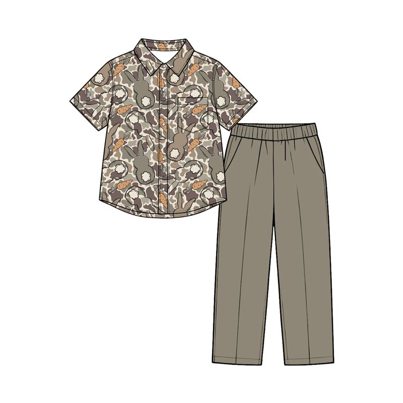 ( Moq 5 ) Preorder Baby Boys Kids Rabbits Carrots Camo Shirt Pockets Pants Easter Set Clothes
