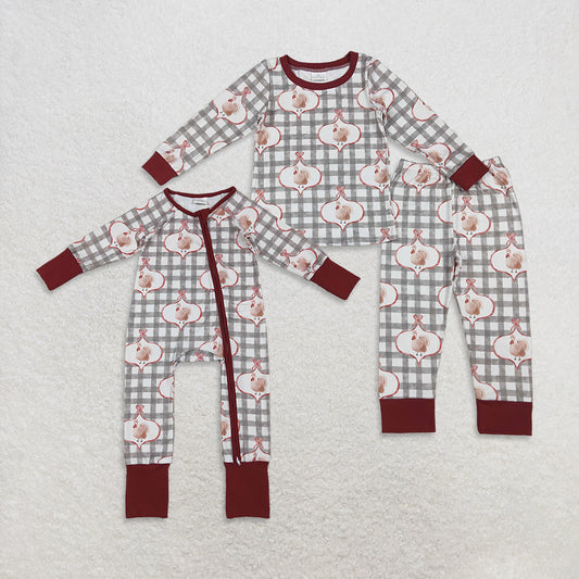 Sibling Girls Kids Long Sleeves turkey Bows Plaid Thanksgiving Zipper Romper Pajamas Clothes Set RTS