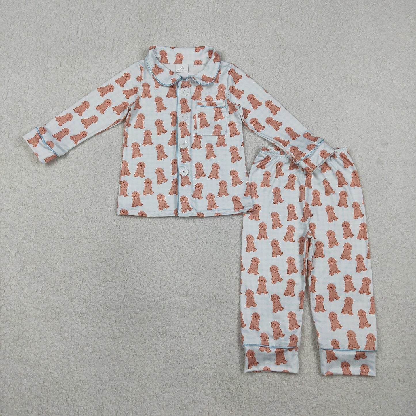 Baby Boys Kids Long Sleeves Dogs Buttons Pocket Shirt Blue Paid Pants Pajamas Set RTS