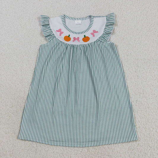 Baby Girl Short Sleeves Embroidery Bows Pumpkins Green Stripes Knee Length Dress RTS