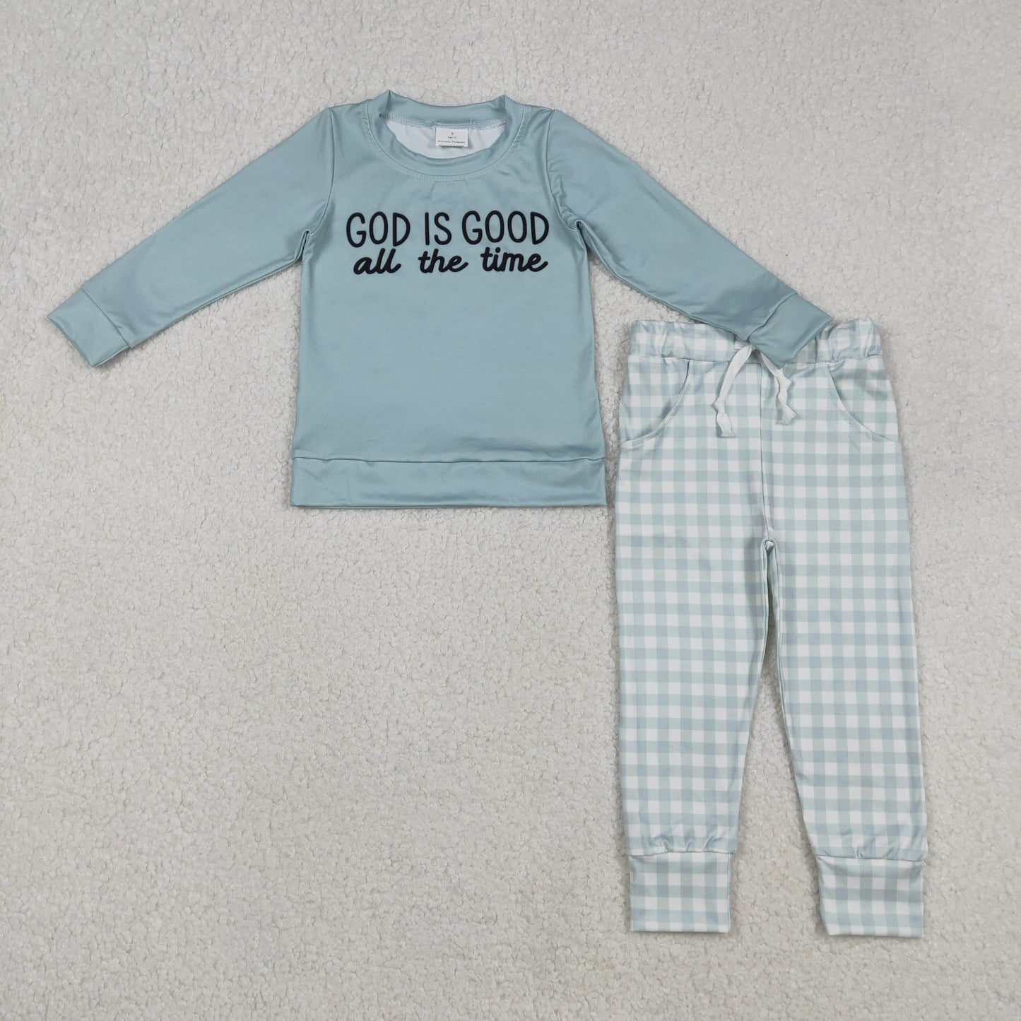 Baby Boys Kids Long Sleeves God Is Good Shirt Plaid Pockets Pants Clothes Set RTS