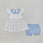 Baby Girl Short Sleeves Easter Rabbits Tunic Blue Shorts Clothes Set