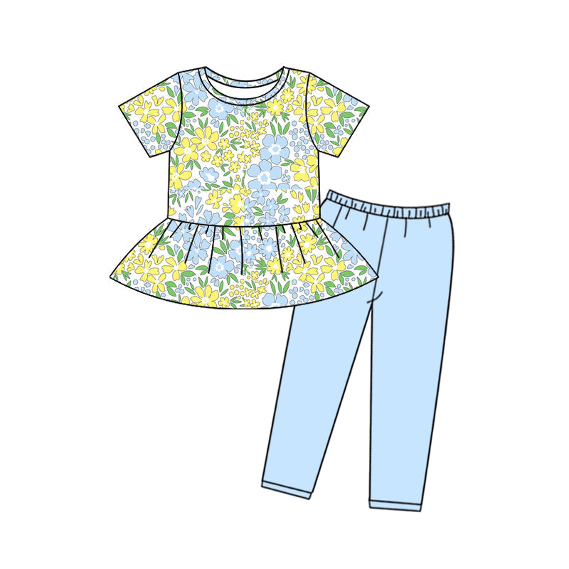 Baby Girl Short Sleeves Flower Top Blue Pants Clothes Set Moq 5