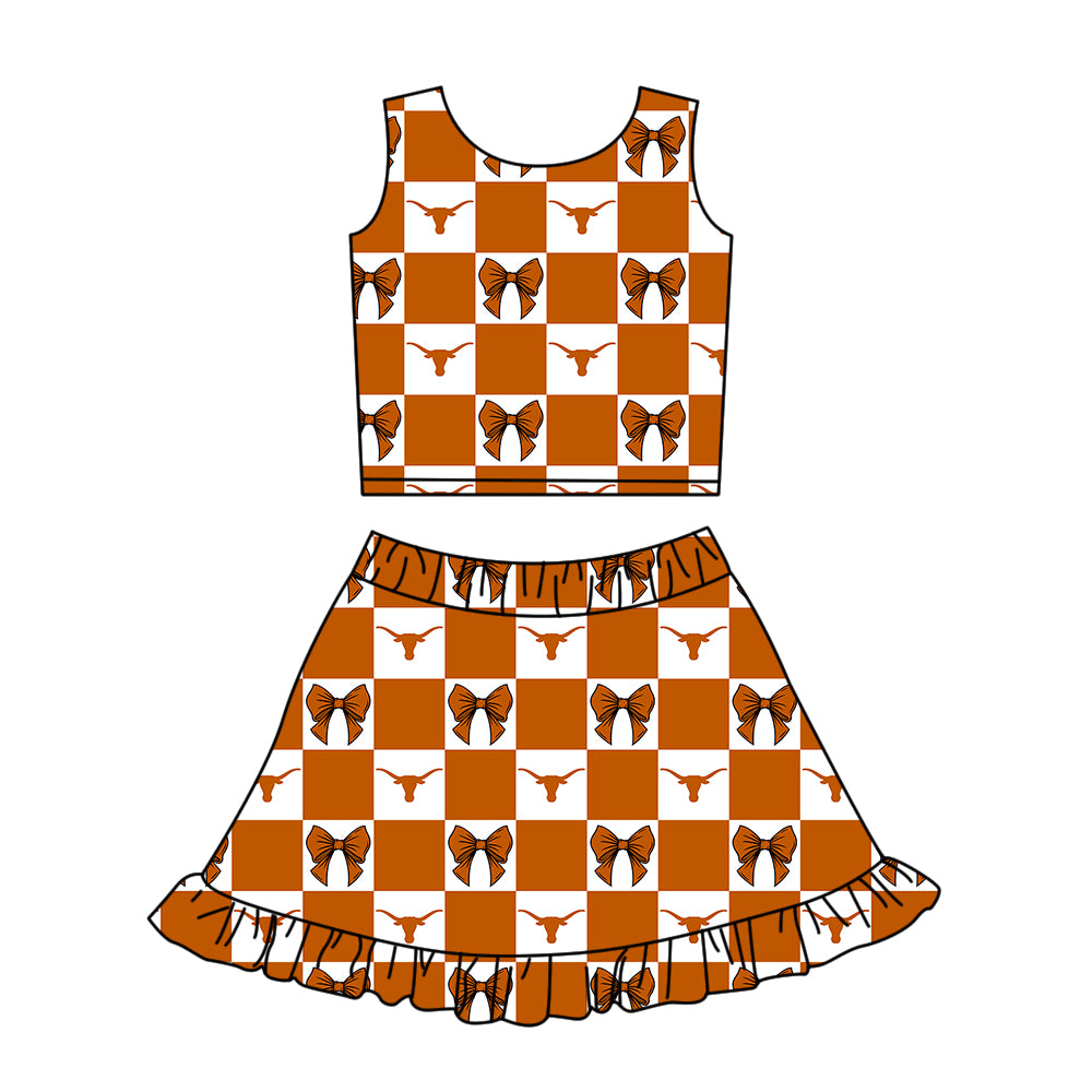 ( Moq 5 ) Baby Girls Kids Cow Bows Checked Tops Shorts Ruffle Skirt Team Set