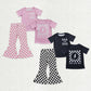 Sibling Baby Girls Short Sleeves Shirts Checked Denim Bell Bottoms Pants Clothes Sets RTS
