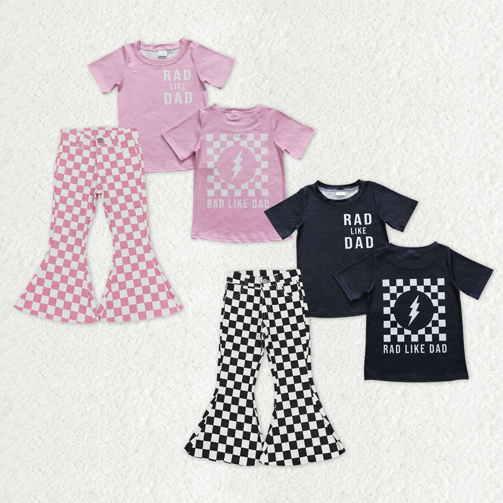 Sibling Baby Girls Short Sleeves Shirts Checked Denim Bell Bottoms Pants Clothes Sets RTS