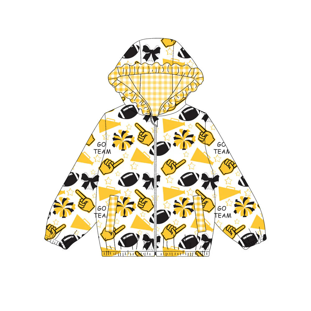 ( Moq 5 ) Baby Girls Kids Bows Cheer Pockets Team Yellow Plaid Hoodie Zipper Football Coat Tops
