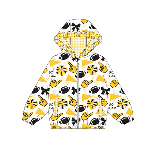( Moq 5 ) Baby Girls Kids Bows Cheer Pockets Team Yellow Plaid Hoodie Zipper Football Coat Tops