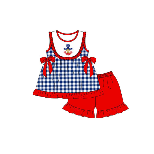 Moq 3 Pre-order GSSO0480 Baby Girl Blue Plaid Tops Cotton Ruffle Shorts July 4th Set