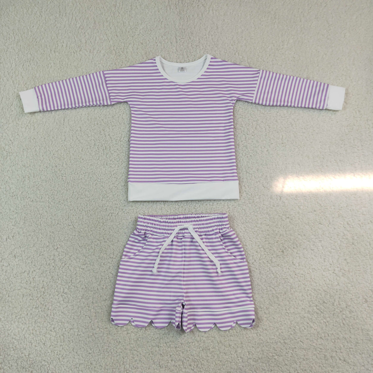 Baby Girls Kids Long Sleeves Purple Stripes Shirt Scallop Shorts Set Yoga Active Clothes RTS