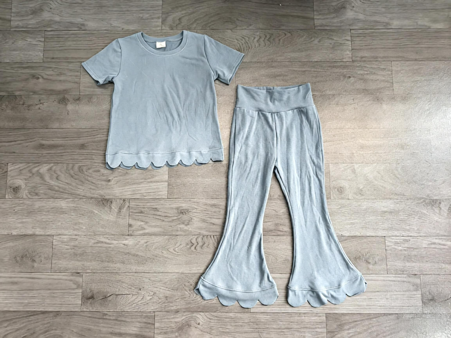 ( No moq ) Preorder Baby Girls Kids Short Sleeves Blue Shirt Pants Scallop Set Clothes