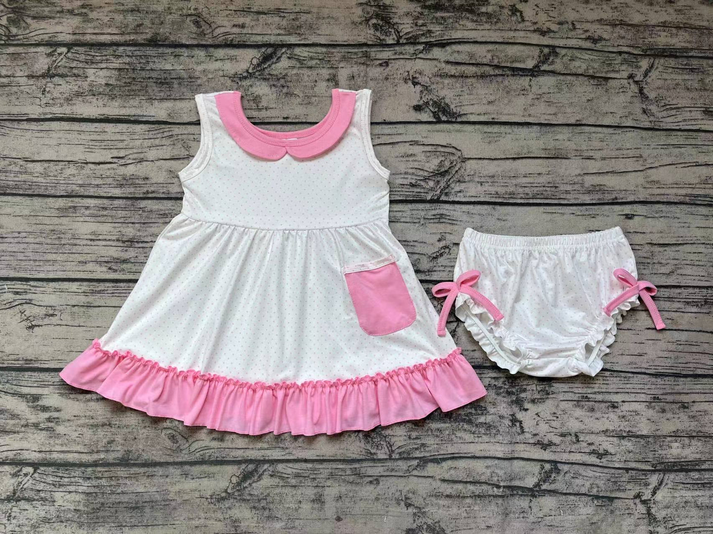 No moq Pre-order Baby Girl Sleeveless Pocket Pink Ruffle Tunic Bummie Shorts Summer Set