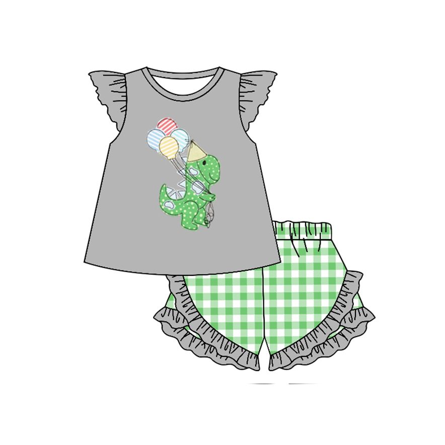 Moq 3 Pre-order GSSO0465 Baby Girl Dinosaur Balloon Tops Green Plaid Shorts Birthday Set