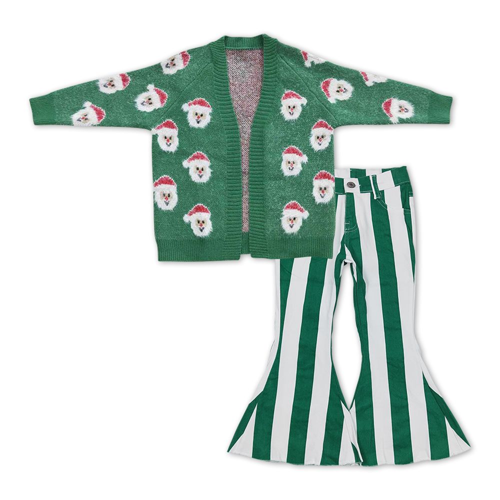 GLP1072 Baby Girl Christmas Santa Sweater Green Stripes Denim Pants Set