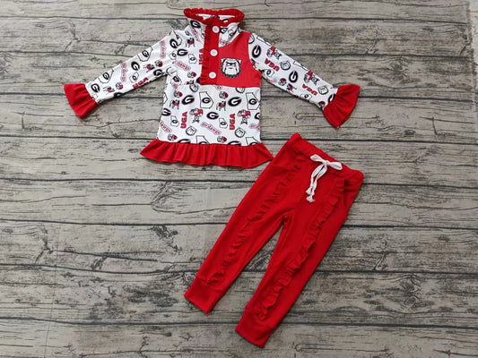 Baby Girl Long Sleeves Dog Shirt Red Team Ruffle Pants Set Moq 5