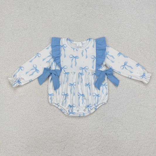 Baby Girl Infant Long Sleeves Blue Bows Bubble Romper