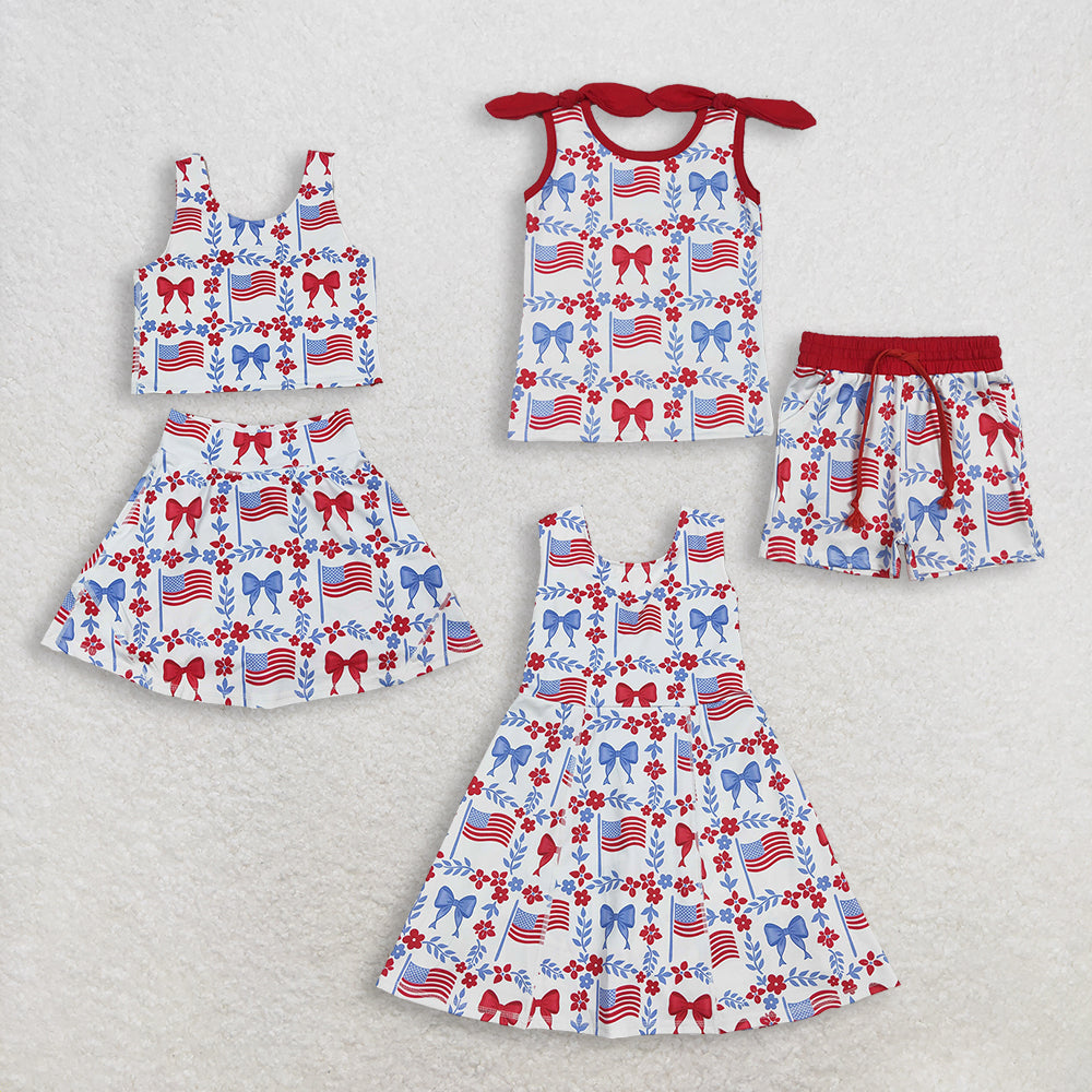Sibling Baby Girls Kids Sleeveless Flags Bows Flower Shorts Dress Sets 4th of July Clothes RTS