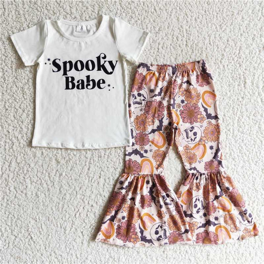 GSPO0194 Baby Girl Short Sleeves Spooky Shirt Floral Rainbow Pants Halloween Outfit