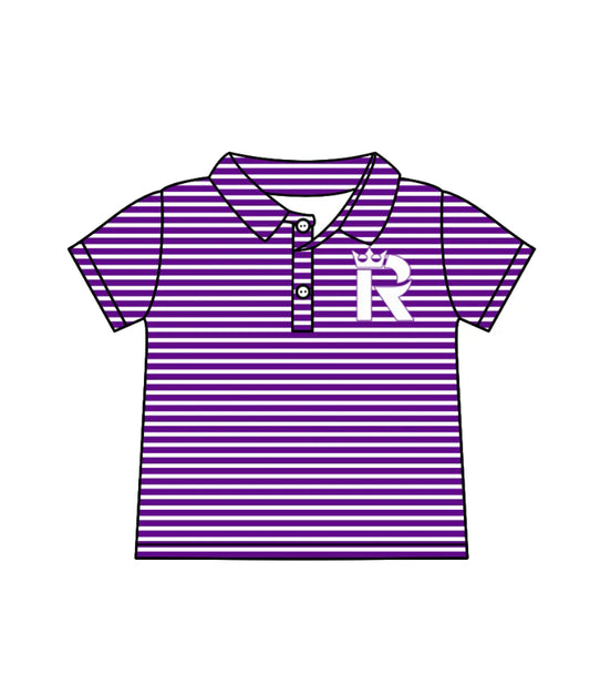 ( Moq 5 ) Baby Boys Short Sleeves R Purple Stripes Team Buttons Shirt Tops