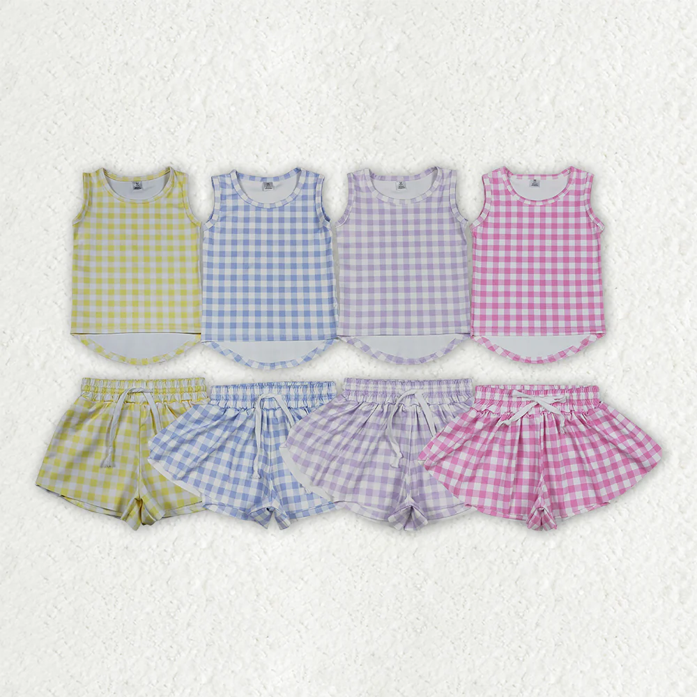 Sibling Baby Girls Kids Sleeveless Plaid Tops Shorts Sets Yoga Active Summer Clothes RTS