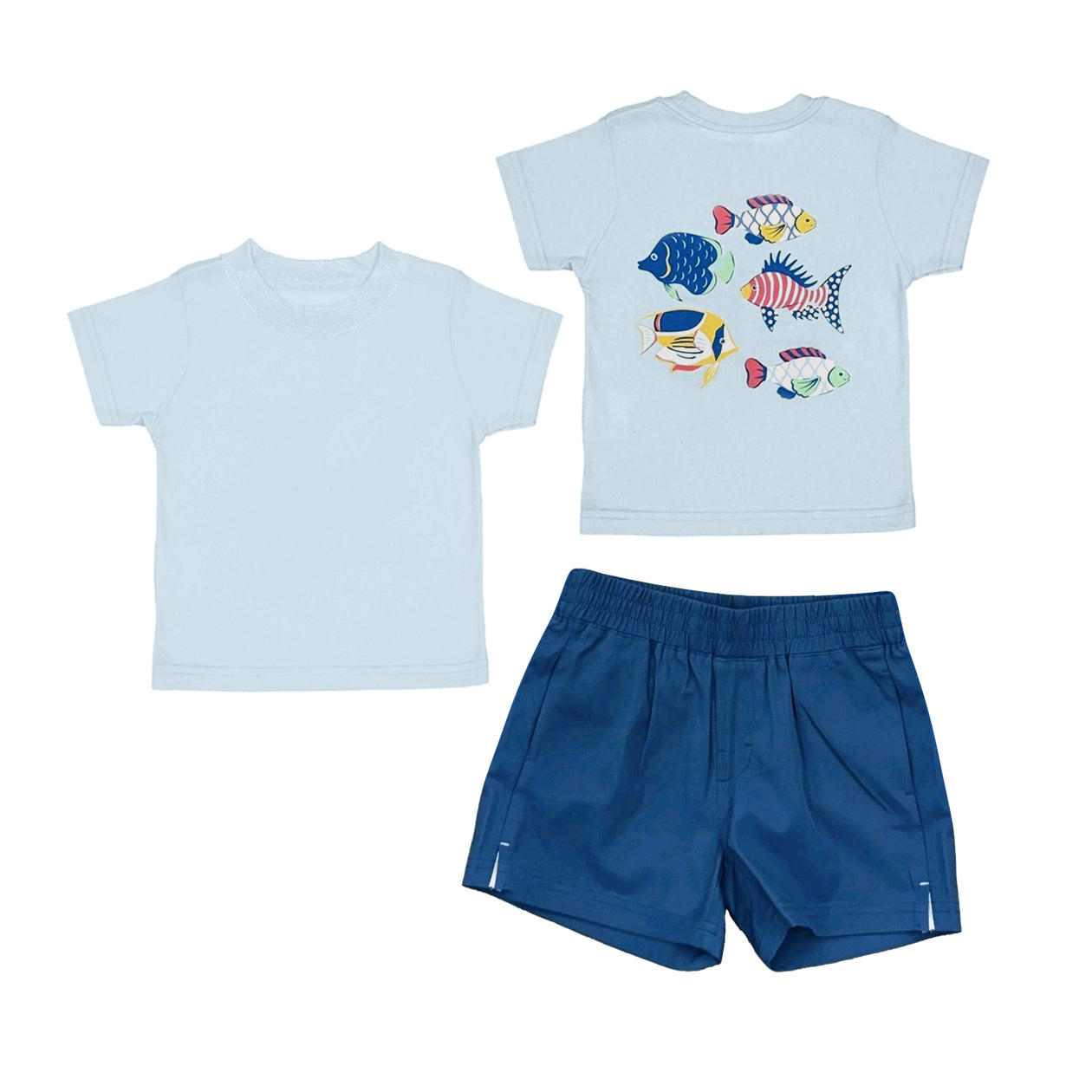 ( Moq 5 ) Preorder Baby Boys Kids Short Sleeves Fish Shirt Pockets Blue Shorts Set Clothes