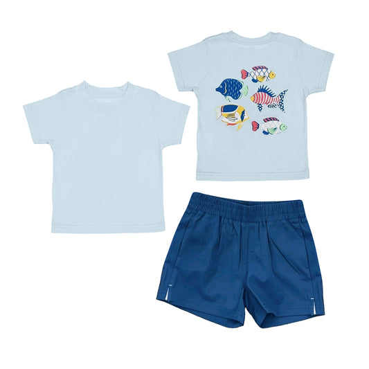 ( Moq 5 ) Preorder Baby Boys Kids Short Sleeves Fish Shirt Pockets Blue Shorts Set Clothes