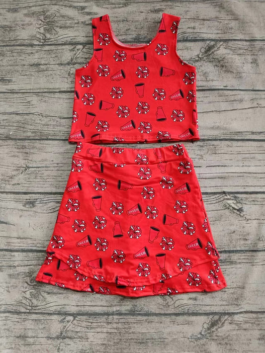 ( Moq 5  ) Baby Girl Sleeveless Cheer Shirt Shorts Skirt Skort Red Set