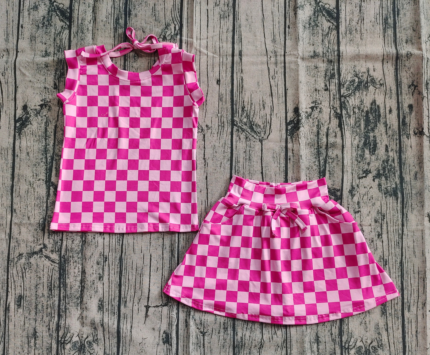 Baby Girl Sleeveless Pink Checked Tops Pockets Shorts Skirt Skort Set RTS