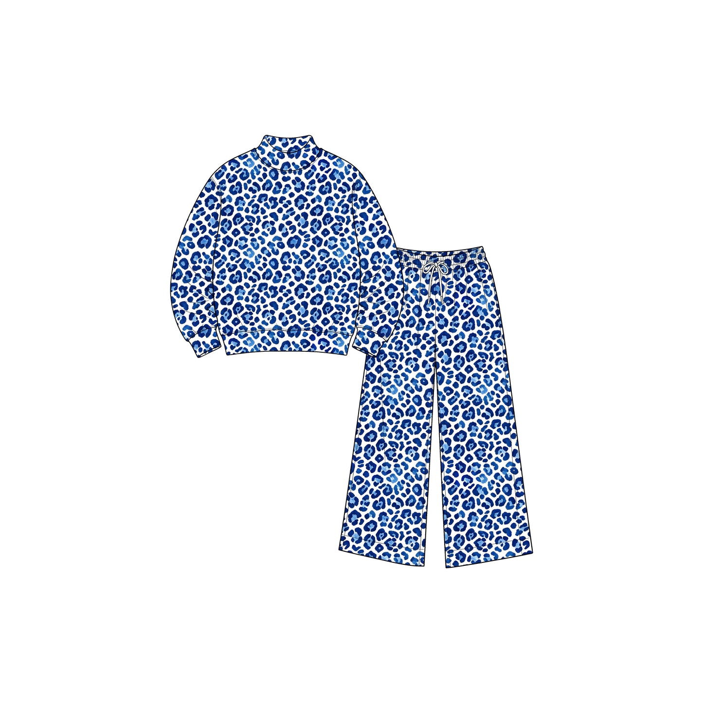 ( Moq 5 ) Preorder Baby Girls Kids Long Sleeves Pullover Shirt Blue Leopard Pants Set Yoga Active Clothes