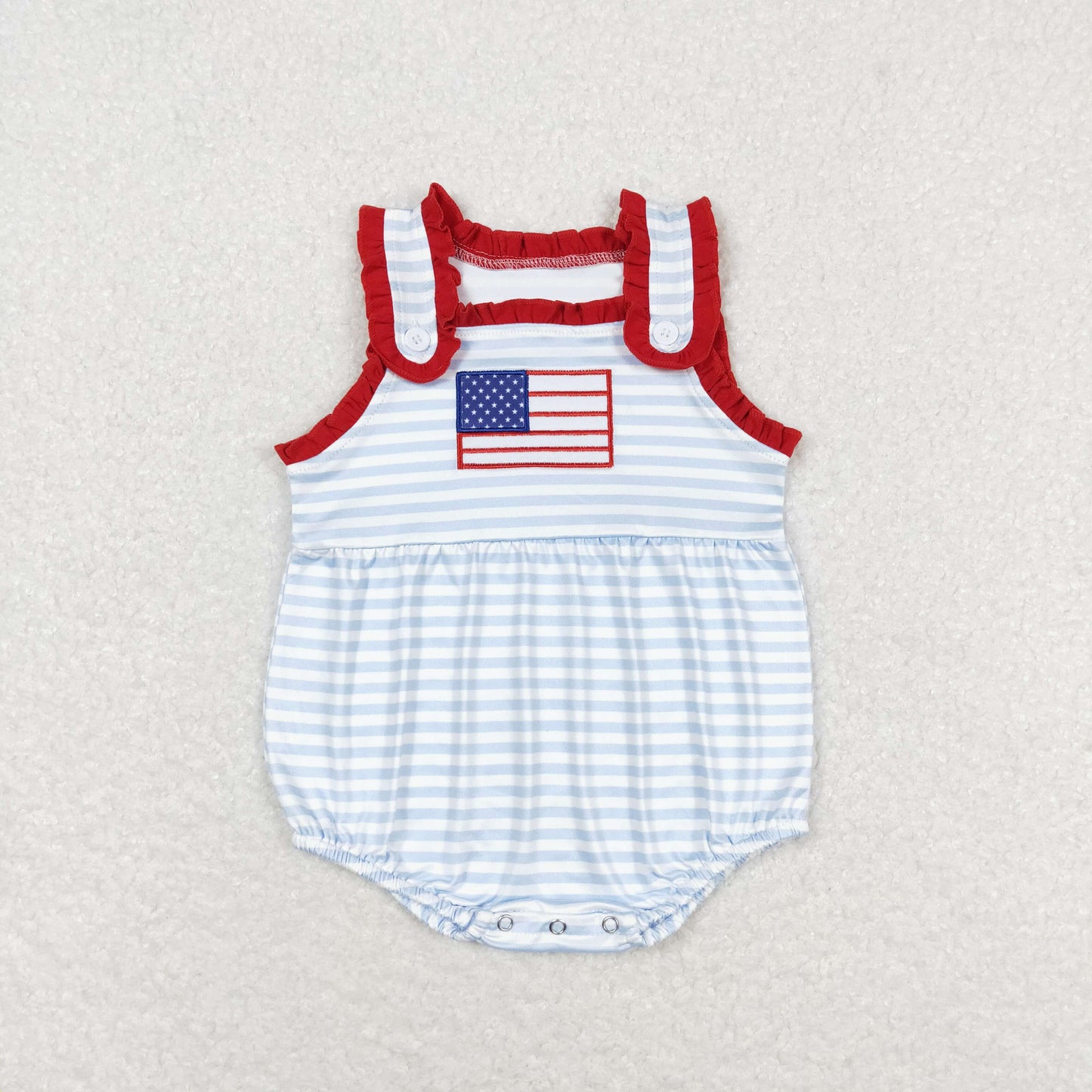 Baby Girl Sleeveless Embroidery Flag Blue Stripes July 4th Romper