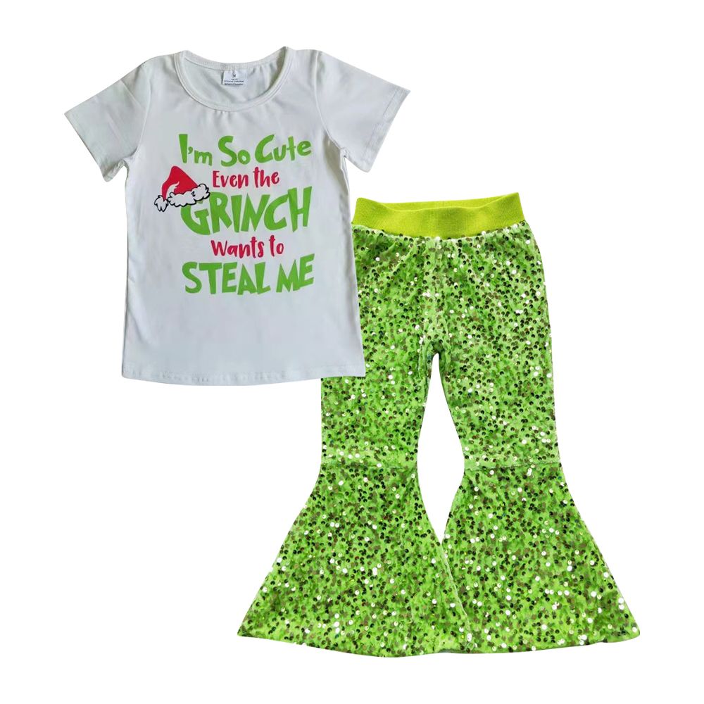 Christmas Baby Girl Short Sleeves Shirt Green Sequin Bell Pants Outfit