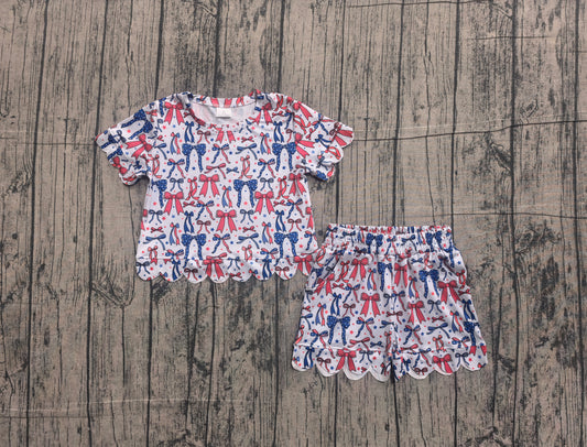 ( No moq ) Preorder Baby Girls Toddler Bows Stars Shirt Scallop Shorts 4th of July Set Clothes