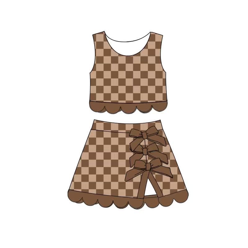 ( Moq 5 ) Preorder Baby Girls Kids Brown Checked Shirt Scallop Bows Skirt Shorts Yoga Active Set Clothes