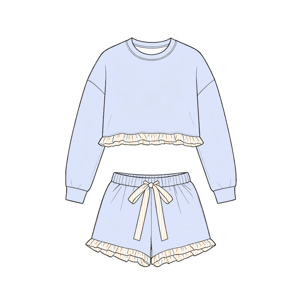( Moq 5 ) Preorder Baby Girls Kids Long Sleeves Blue Shirt Stripes Shorts Set Cotton Clothes