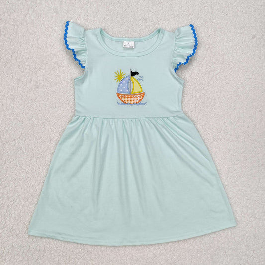 Baby Girl Short Sleeves Summer Embroidery Boat Knee Length Dress