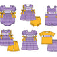 ( Moq 5 ) Baby Girls Kids Short Sleeves Tigers Purple Stripes Bows Team Romper