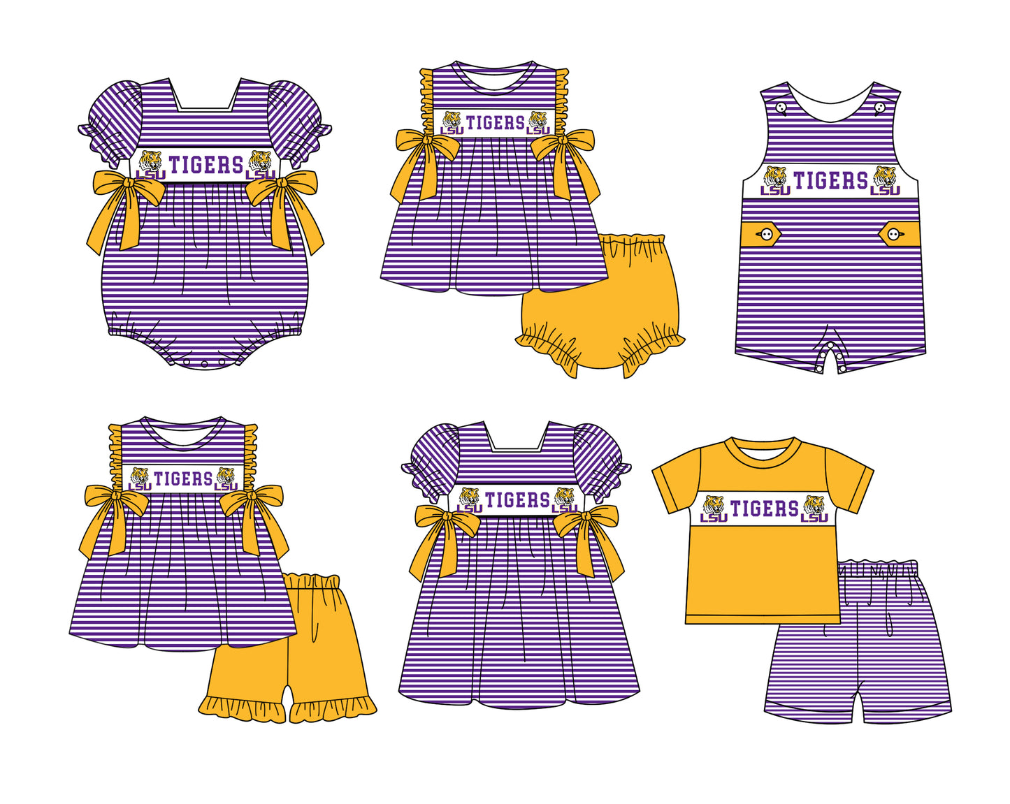 ( Moq 5 ) Baby Girls Kids Short Sleeves Tigers Purple Stripes Bows Team Romper