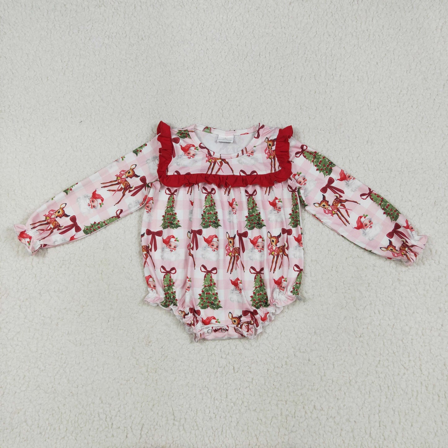 Baby Girl Long Sleeves Santa Trees Plaid Christmas Ruffle Bubble Romper RTS