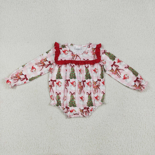 Baby Girl Long Sleeves Santa Trees Plaid Christmas Ruffle Bubble Romper RTS