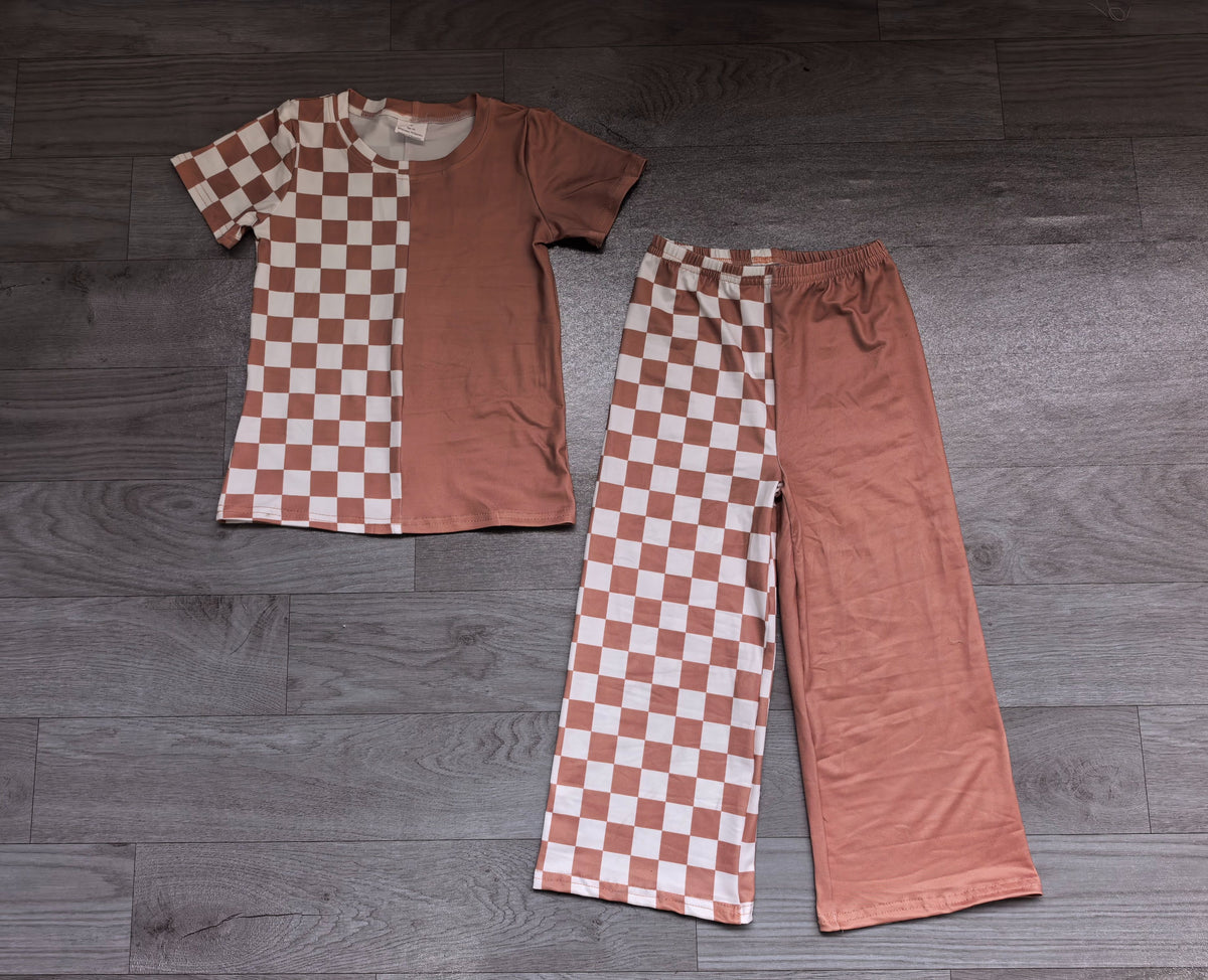 ( No moq ) Preorder Baby Girls Kids Short Sleeves Shirt Checked Brown Pants Set Clothes
