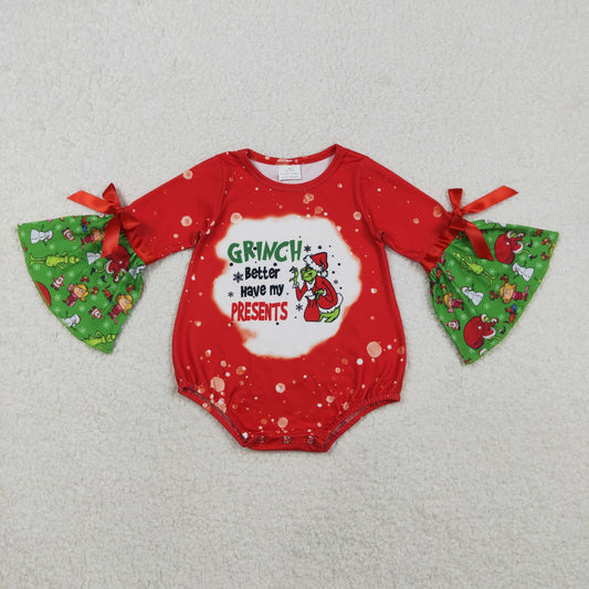 Baby Girl Infant Long Sleeves Christmas Green Frog Bubble Romper RTS