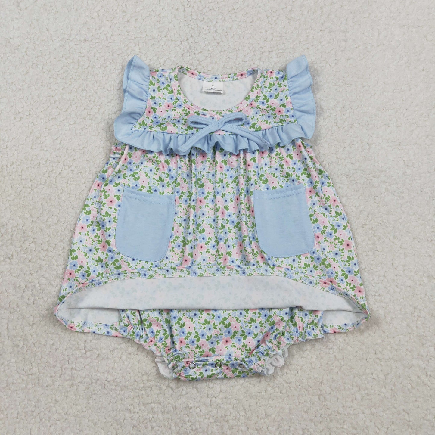 Baby Girls Infant Floral Blue Pockets Bummie Ruffle Romper RTS
