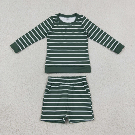 Baby Girls Kids Long Sleeves Green Stripes Shirt Pockets Shorts Set Yoga Active Clothes