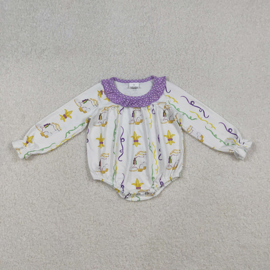 Baby Girl Infant Long Sleeves Mardi Gras Purple Bubble Romper